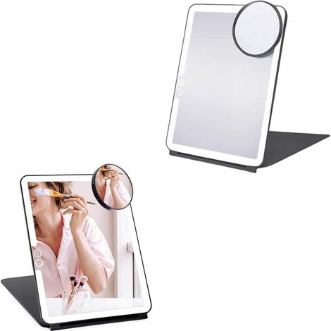 Miroir de maquillage lumineux pliable et à intensité variable, rechargeable, avec miroir grossissant x10, noir (1/4)