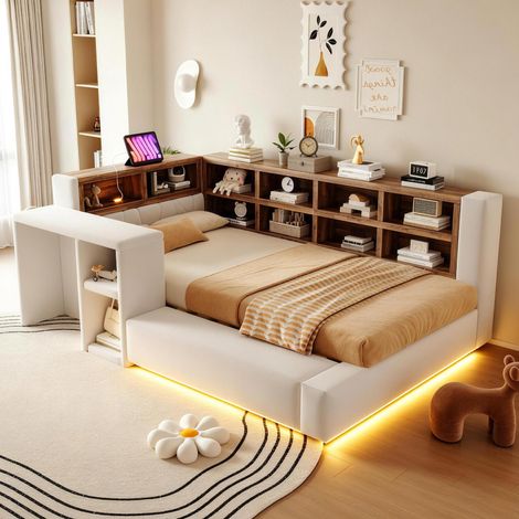 Lit capitonné 90 x 200 cm, avec revêtement capitonné, avec rangements à plusieurs niveaux, éclairage LED, prises intégrées dans la tête de lit, table de chevet, dossier rembourré, beige (1/5)
