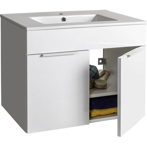 Mobile bagno sospeso con lavabo in ceramica bianco lucido e cemento h 58 cm con 2 ante in legno
