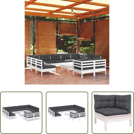 Terrassensofa - 12-tlg. Garten-Lounge-Set mit Kissen Weiß Kiefer Massivholz (1/5)