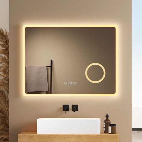 EMKE LED Badspiegel 80 x 60 cm mit Antibeschlag, mit 3x Vergrößerung und Uhr, rahmenlos 3 Lichtfarben dimmbar (1/5)