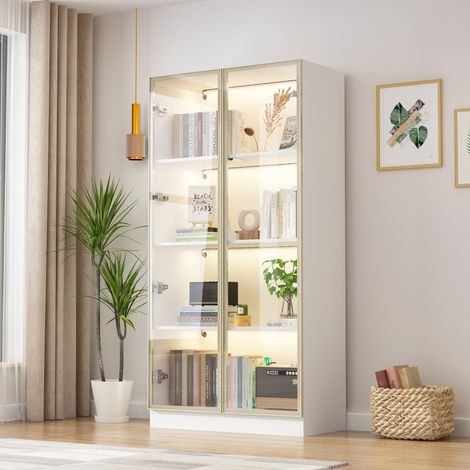 Vitrine en verre,armoire de vitrine,vitrine de salon avec lumières LED en blanc froid,blanc chaud et blanc neutre,avec quatre étagères,cadre en aluminium,porte en verre,MDF,80x40x160 cm,blanc (1/5)