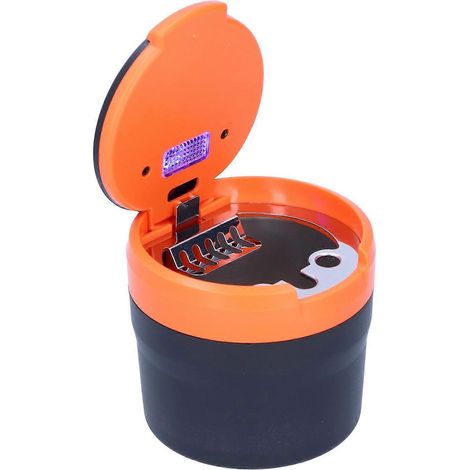 Auto-Aschenbecher aus Edelstahl, rauchfrei, mit blauer LED-Beleuchtung und eingebautem Akku, universell einsetzbar (Orange)
