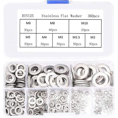 Ensemble de 360 ​​rondelles plates en acier inoxydable,rondelle plate, entretoise M2 M2.5 M3 M4 M5 M6 M8 M10, kit de fixation de rondelles métalliques (1/5)