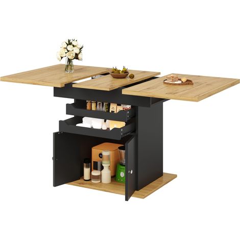 Mesa de Comedor para 4 a 6 Personas con 2 Cajones y 1 Armario Extensible en MDF 110-140x80x76 cm Negro (1/5)