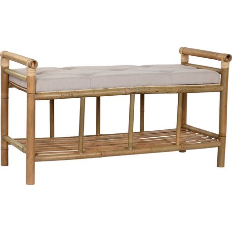 Banc élégant en bambou avec assise coton beige - Bambou naturel avec coussin beige (1/5)