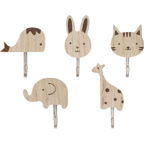 Patères portemanteaux pour entrée Ensemble de 5 porte-manteaux muraux pour enfants,crochets en bois auto-adhésifs, forte capacité de charge (1/5)