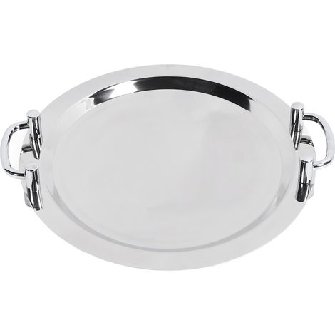 Plateau de service en acier inoxydable, finition miroir brillant, avec poignée, pour hôtel, restaurant, banquet, circulaire (diamètre 40 cm) (1/5)
