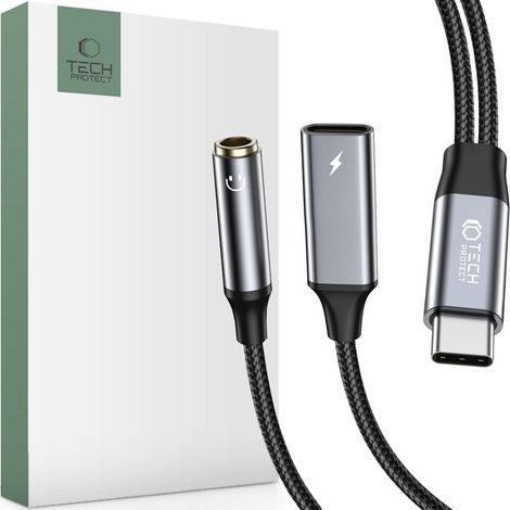 Adaptateur de câble Tech-protect ultraboost PD60W/6A USB-C vers mini-jack 3,5 mm et USB-C noir (1/5)