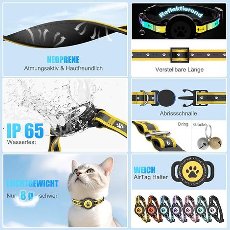 Cat Collar, Anti-Choke Cat Collar, Waterproof Reflective Collar with Holder and Bell, Comfortable Padding for Cats Kittens and Puppies (Yellow, 9.3"-13") (1/4)