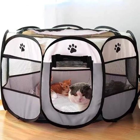 Cage pour chat pliable - Maison pour chat - Fermeture éclair sur le devant - Convient pour une utilisation intérieure et extérieure - Marron - 114 x 114 x 58 cm (1/5)