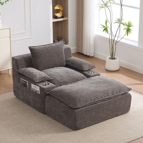 Sillón chaise longue, con 4 cojines, portavasos y bolsillo lateral, chenilla gris (1/5)