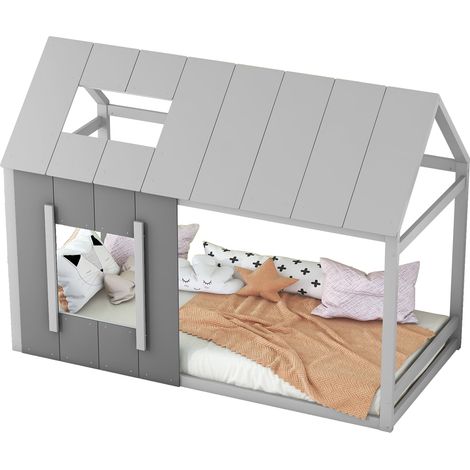 Lit cabane enfant 90 x 200 cm en bois de pin et MDF, style maison avec toit et fenêtre, gris, avec 8 lattes, pour chambre enfant, montage facile - CHICFURN (1/5)