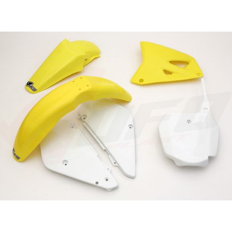 KIT DI PLASTICA UFO SUZUKI RM 85 '00-'24 COLORE OEM '00-'15 E '18-'20 OEM (BIANCO/GIALLO) (SU405E999)