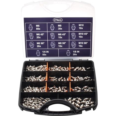 Assortiment De Graisseurs Kit De Raccords De Graissage 270 Pièces Assortiment,Accessoires De Lubrification Mécanique Robustes Et Polyvalents Pour Machines Agricoles Vélos Camions (1/5)