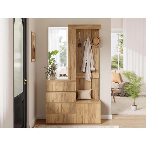 Meuble d'entrée avec miroir et 4 tiroirs - vestiaire de couloir complet avec 1 porte et patères en panneaux de particules - naturel 100x35x180 cm (1/5)