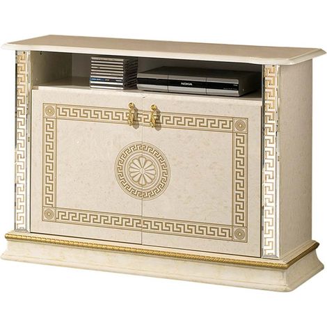 Les Tendances – Meuble TV 2 portes 1 niche 100cm – Bois vernis laqué brillant beige et doré – Poignées en zamak dorées – Fabrication italienne (1/2)