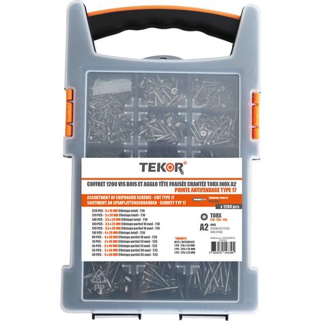 Assortiment de 1200 Vis bois TEKOR Tête fraisée Cranté TORX Inox A2-1 pièce