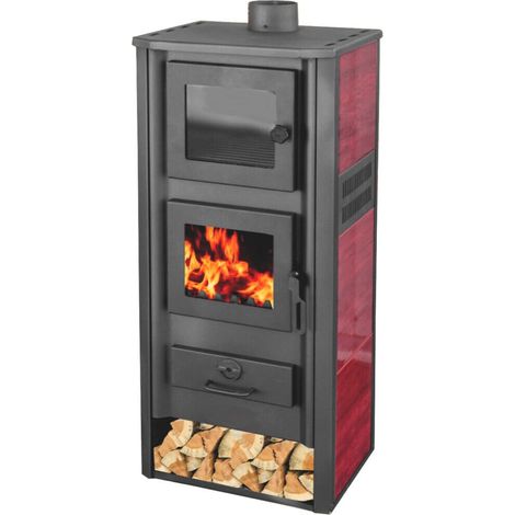 STUFA A LEGNA ACCIAIO VETRO 12 KW CON PORTALEGNA FORNO cm 48x42x117 ROSSO 170ro (1/2)