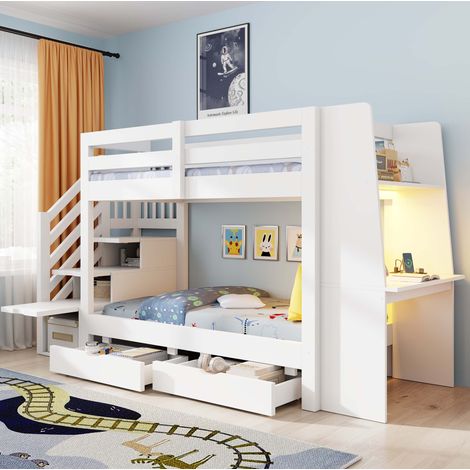 Letto a soppalco 90 x 200 cm bianco con scrivania, scala contenitore, LED e cassetti (1/5)