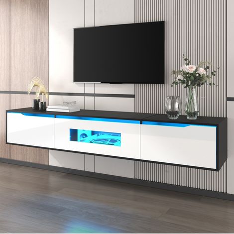 Mueble TV moderno (180x35x30 cm), con iluminación LED, acabado alto brillo, MDF y tablero de partículas, negro y blanco (1/5)