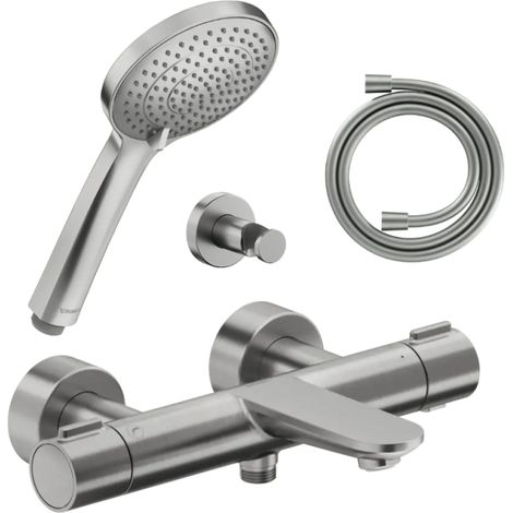 Conjunto de mezclador termostático para bañera/ducha DURAVIT Wave + cabezal de ducha universal 3 chorros + manguera de 160 cm + soporte acero inoxidable cepillado (1/4)