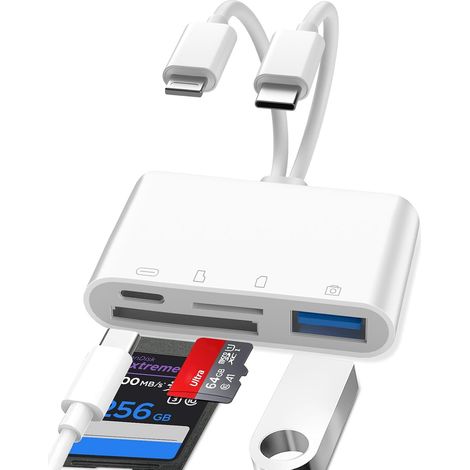 Lecteur Carte SD iPhone, 4 en 1 Lightning to SD Card Reader, Adaptateur iPhone Carte SD, Adaptateur Carte S/D i-Phone, Lecteur de C-Arte S-D pour i-Phone, A-daptateur S-D i-Phone (1/5)
