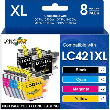 LC421XL Cartouche d'encre Compatible pour Brother LC421XL LC421 XL LC-421XL Cartouches pour Brother DCP-J1050DW DCP-J1140DW MFC-J1010DW (LC421XL Noir Cyan Magenta Jaune, 8 Pack)