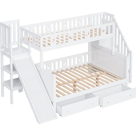 Lit superposé enfant 90x200 ou 140x200 cm, bois massif avec toboggan, rangement intégré et tiroirs de 2 grandes tailles, sommiers à lattes inclus, blanc