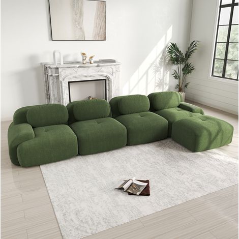 Canapé d’angle modulaire vert en velours côtelé sans cadre avec méridienne et livraison sans montage (1/5)