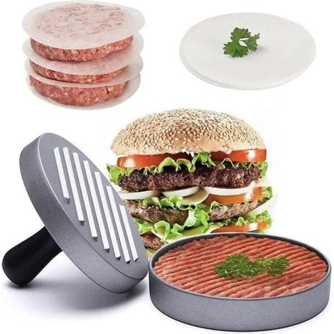 Mobukia Presse à Burger Steak Haché + 100 Disques de Cire - Diamètre 11.5cm Antiadhésif en Aluminium, Presse à Hamburger (1/4)