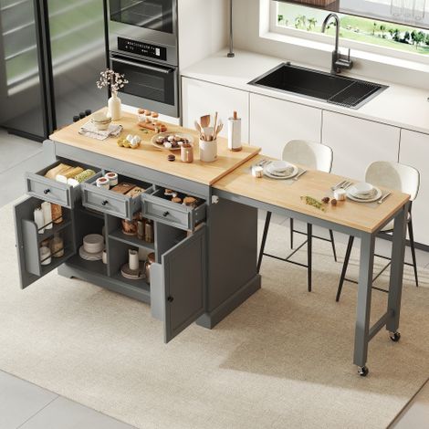 Isola da cucina su ruote, isola da cucina estensibile con zona pranzo, porta spezie e cassetti, isola da cucina mobile e indipendente, ideale per cucina e sala da pranzo (grigio) (1/5)