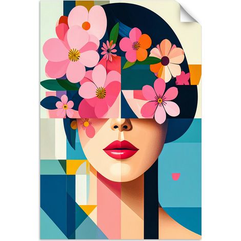 Selbstklebendes Poster – Wandsticker Frau mit Blumen auf dem Kopf im Bauhaus-Stil 30x45 cm (1/3)