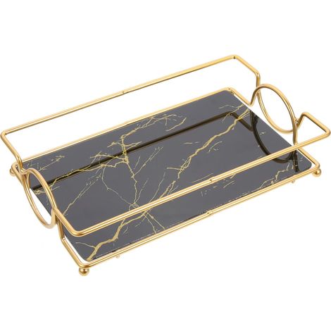 Organisateur Fonction Pratique et Entretien Facile et Verre Noir Marbrée Lisse Plateau Décoratif de Cosmétiques pour Salle de Bain ou Côté Lavabo'-'-