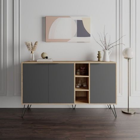 Credenza 3 Ante Antracite e Rovere Mobile Piattaia con Ripiani Soggiorno Sala (1/4)