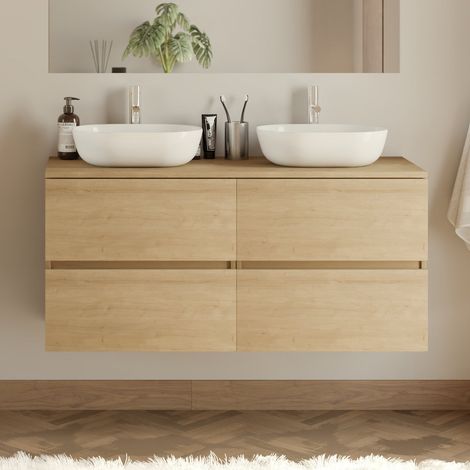 Meuble de salle de bain 120cm avec plateau et 2 vasques à poser arrondies - 4 tiroirs - sans miroir - nebraska (chêne clair) - IDA (1/5)