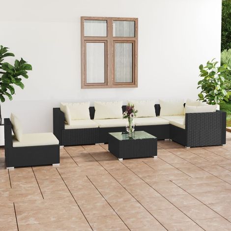 Salon de jardin 7 pcs Ensemble Table et Chaise de Jardin - avec coussins Résine tressée Noir BV981082 - BonneVie (1/5)