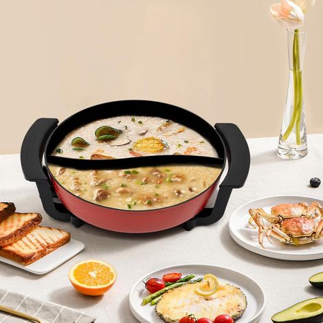 Marmite à fondue électrique multi-usages, antiadhésive avec séparateur, marmite à fondue chinoise de cuisine de 1,59 gallon avec couvercle en verre pour les réunions de famille, les restaurants