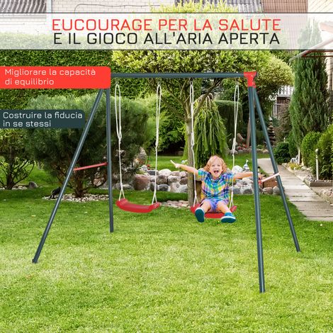 Balancelle double pour jardin enfants dès 3 ans, rouge et verte, sièges bébé extérieur, balançoire paire jeu plein air