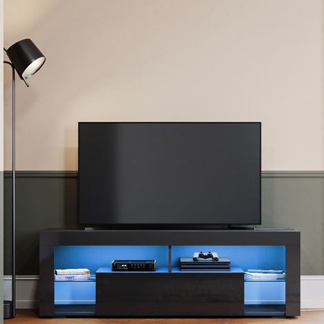 SIRHONA Meuble TV LED Noir 2 Compartiments et 1 Portes Bois Meuble Télé en Verre avec éclairage LED RVB 16 Couleurs,140 cm (1/5)