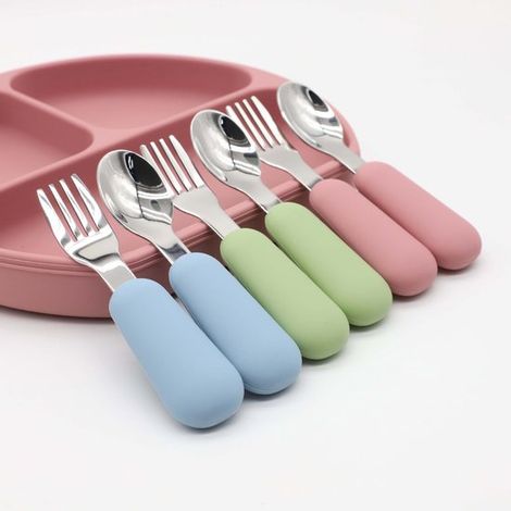 6 teiliges Kinderbesteck Set mit weichem Silikongriff Gabel und Löffelset für Kinder, lebensmittelechter Edelstahl, spülmaschinenfest (1/2)