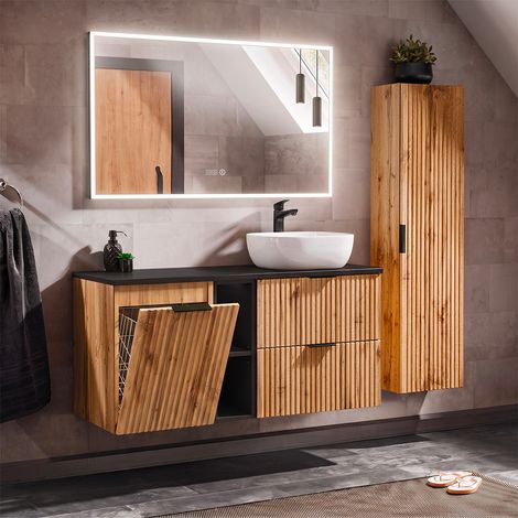 Ensemble meuble simple vasque 120cm 2 niches panier à linge et colonne Adriel Bois et Noir (1/5)