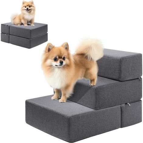VERCART 3 Stufen Rampe d'escalier pour chien pour lits et canapés, marches modulaires pliables pour petits chiens, gris (1/5)