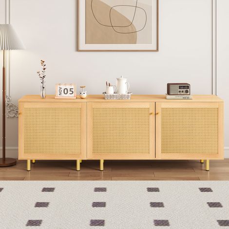 Buffet rustique en rotin, armoire de rangement modulaire à 3 portes pour salle à manger, aspect bois naturel, H63 x L180 x P40 cm. (1/5)