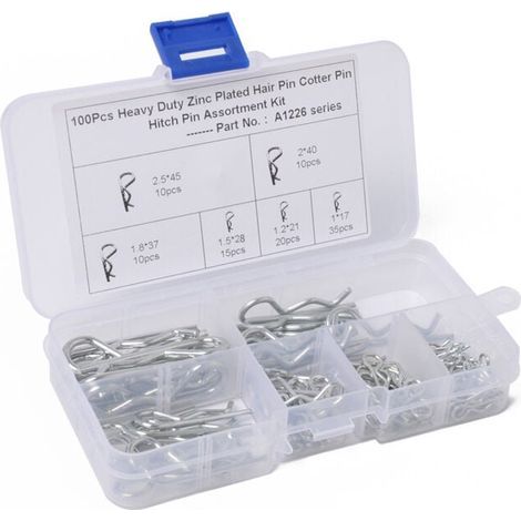 Surtido de 100 piezas de pasadores de resorte, pasadores partidos, clips R, clips de chaveta, pasadores de chaveta de acero inoxidable para enganches, tractores y cortadoras de césped. (1/4)