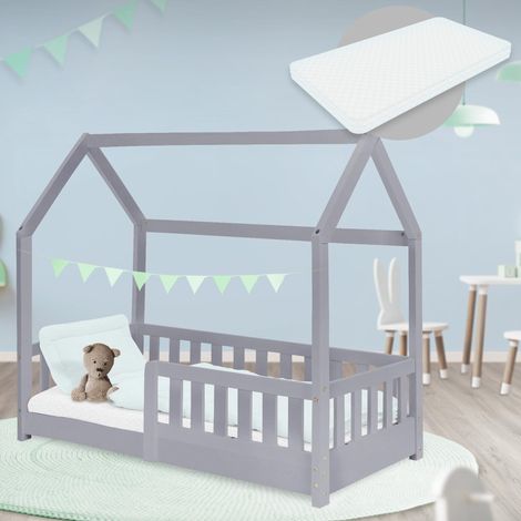 ML-Design Kinderbett 70x140 cm Hellgrau mit Matratze, Rausfallschutz, Dach & Lattenrost, Hausbett für Mädchen und Jungen, Bettenhaus aus Kiefernholz, Spielbett Bodenbett Jugendbett Kinderhaus Holzbett (1/5)