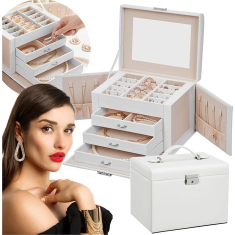 Coffret à bijoux avec tiroirs, compartiments, grand miroir, étui (1/5)