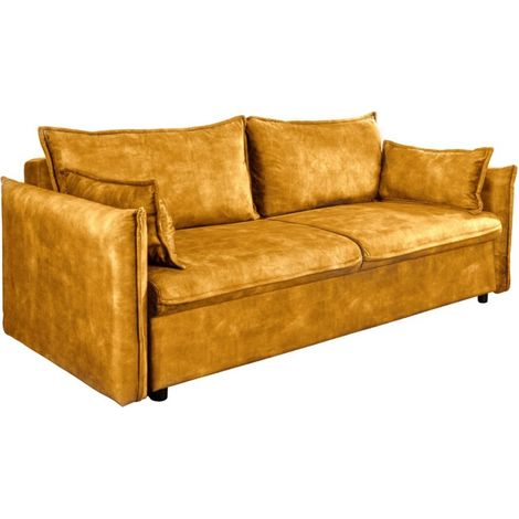 Sofá recto CALDERO amarillo mostaza convertible con arcón – Sofá cama de terciopelo suave con almacenamiento integrado