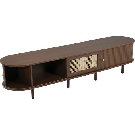 Mueble ovalado para TV, estructura de MDF, patas ajustables, acabado en roble. (1/2)