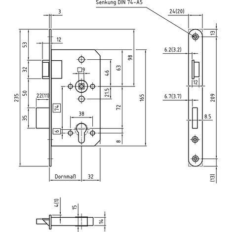 BMH Fluchttürschloss 1028, PZ 72, 1-flg. Funk. B/EN 179, links,DM65/20,Edelstahl